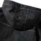 Black hooded denim jacket back panel with contrast stitching and ribbed hem
