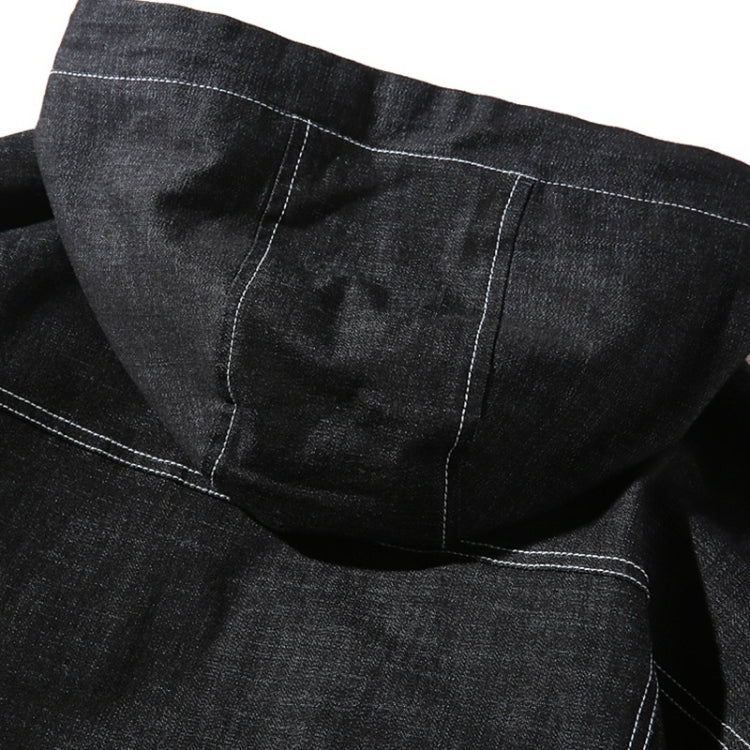 Black hooded denim jacket back panel with contrast stitching and ribbed hem