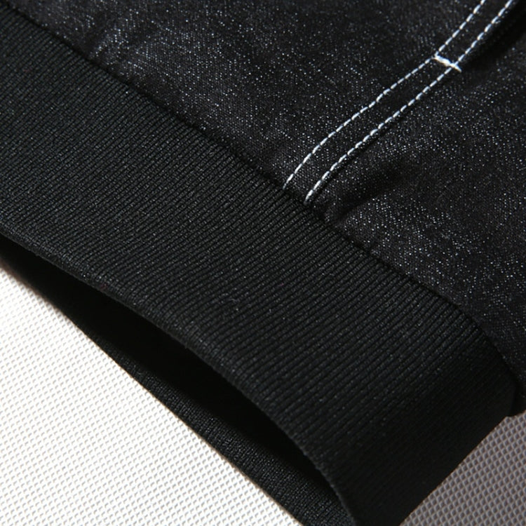Black denim jacket cuff/hem ribbing with contrast seam stitching