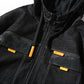 Close-up of black denim jacket front: orange zip, hood, and flap pockets