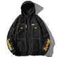 Men's black hooded denim jacket with sleeve lettering, zip closure, and chest pockets