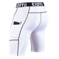 Light gray compression tights, side view with pocket panel and logo waistband