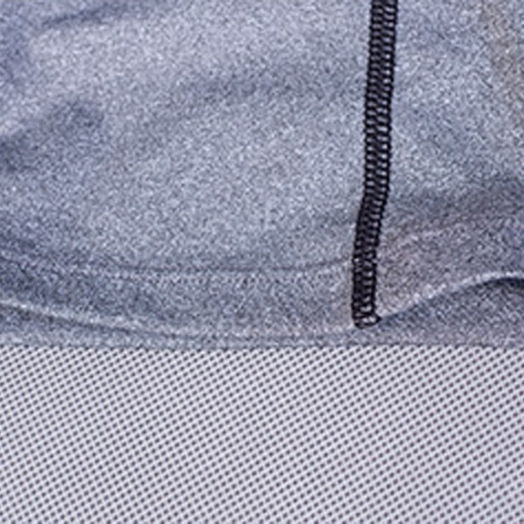 Close-up of heather gray knit with black stitched seam and stretchy fabric