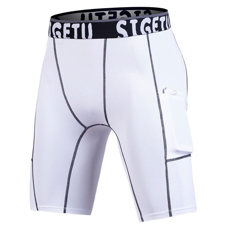 Men's light gray compression tights with logo waistband and side pocket