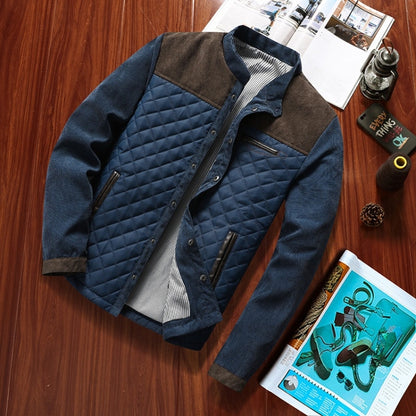 Men's quilted jacket in navy with brown collar, snap front, and chest pockets