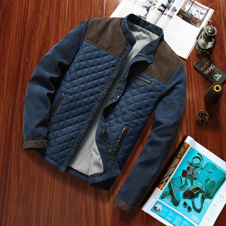 Men's quilted button-front jacket in navy blue with brown yoke and striped inner lining