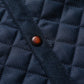 Quilted navy jacket panel with textured stitches and round button detail