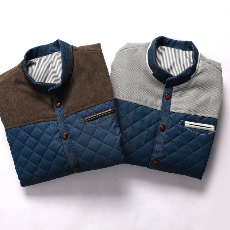 Two-tone men's quilted jacket set: brown/gray tops with blue quilted body and snaps