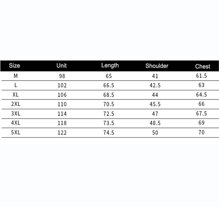 Men's jacket size chart with length, shoulder, and chest measurements