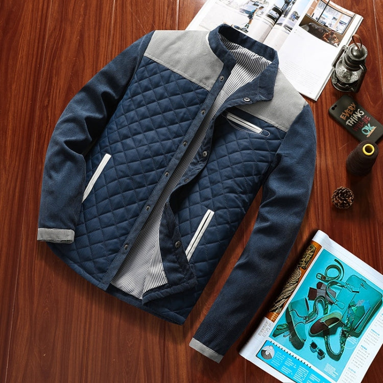Men's dark blue quilted jacket with contrast collar, button front, chest pockets