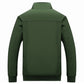Men's zip-up stand-collar jacket, dark green back view with long sleeves.