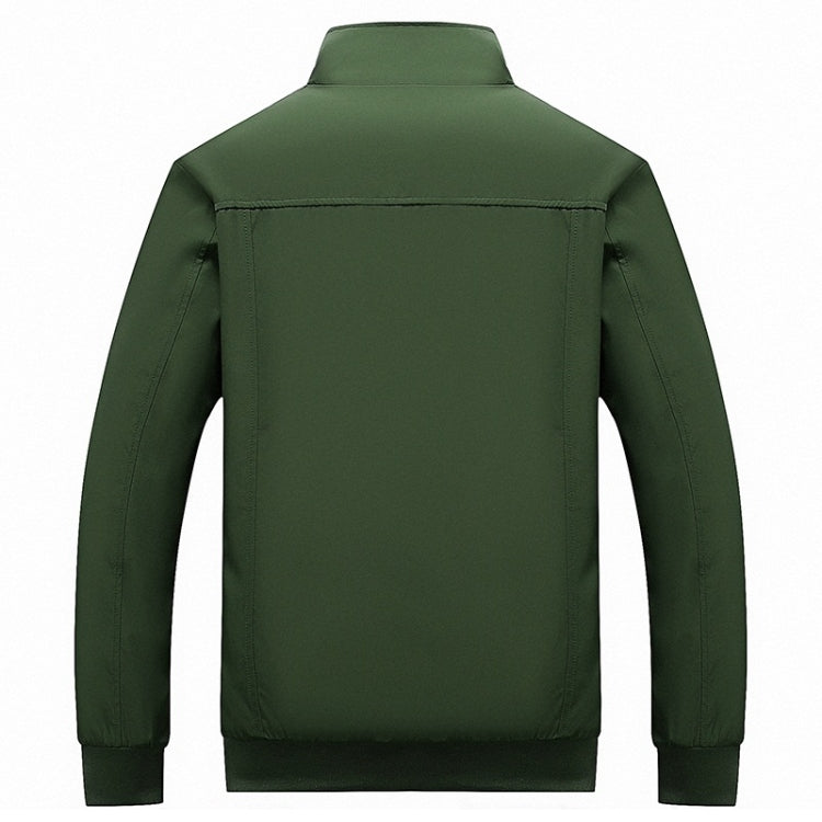 Men's zip-up stand-collar jacket, dark green back view with long sleeves.