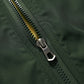 Dark green jacket close-up of metal zipper and stitched seam detail.