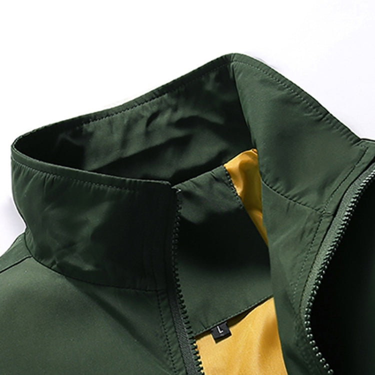 Men's stand-collar jacket close-up, dark green with yellow lining at neckline.