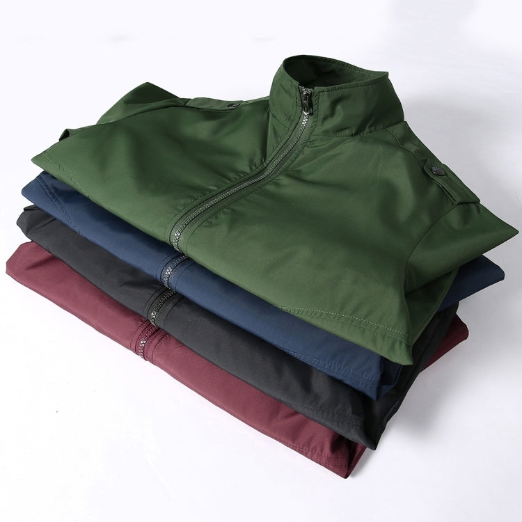 Stack of men's stand-collar jackets in green, blue, and burgundy.