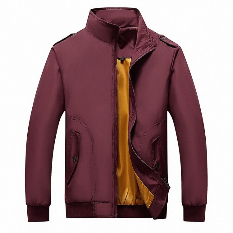 Men's zip-up stand-collar jacket, burgundy front with yellow lining and side pockets.