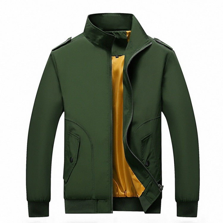 Men’s green zip-up jacket with stand collar and side pockets; yellow lining visible