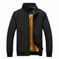 Men's black stand-collar jacket with full-zip front, long sleeves, flap pockets, yellow lining.