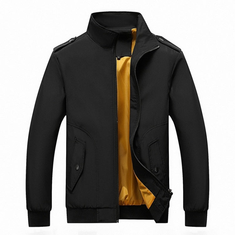 Men's black stand-collar jacket, long sleeves, full-zip closure, flap pockets, yellow lining.
