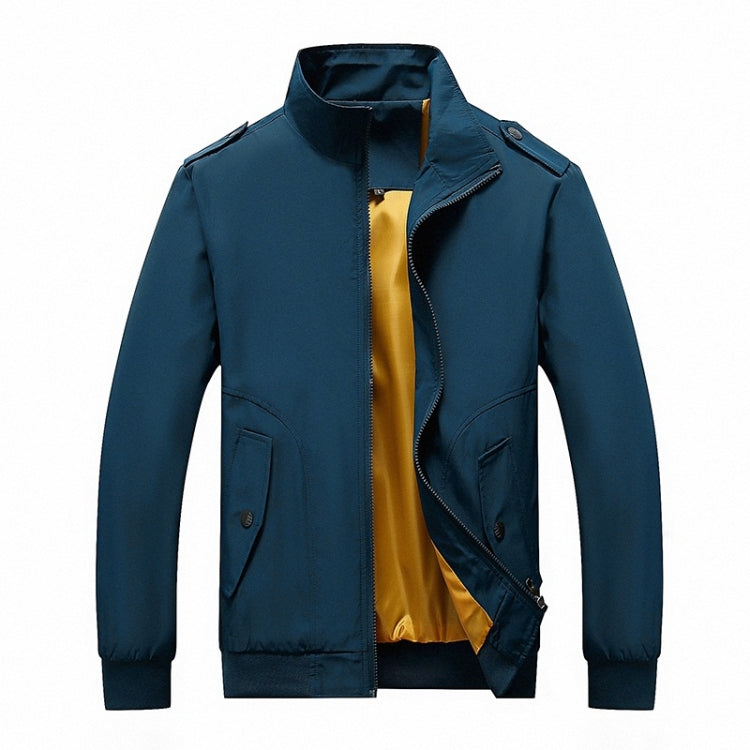 Men's blue stand-collar jacket, long sleeves, full-zip closure, flap pockets, yellow lining.