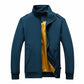 Men's blue stand-collar jacket with long sleeves, full-zip front, flap pockets, yellow lining.
