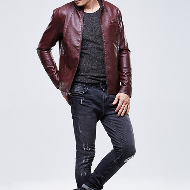 Maroon PU leather jacket worn by model, zip front, stand collar, side pockets
