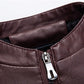 Close-up of maroon PU leather jacket collar and metal zipper with pull tab