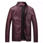 Maroon PU leather-look jacket, slim cut, stand collar, zip front and chest pocket