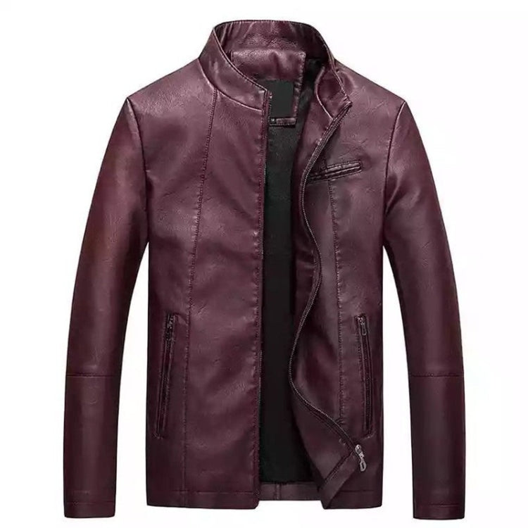 Maroon PU leather-look jacket, slim cut, stand collar, zip front and chest pocket