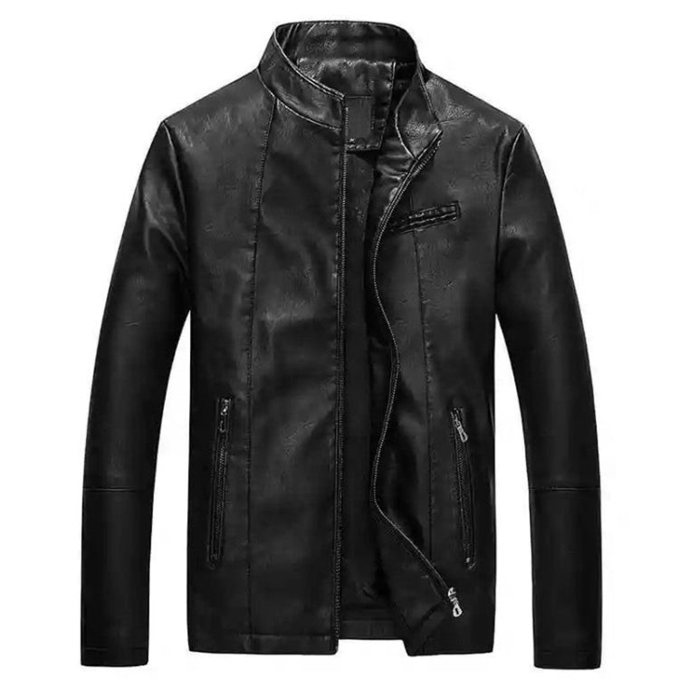 Men's washed PU leather jacket in black, stand collar, zip-front, flap chest pockets