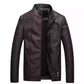 Men's washed PU leather jacket in maroon, stand collar, zip-front, diagonal chest zip