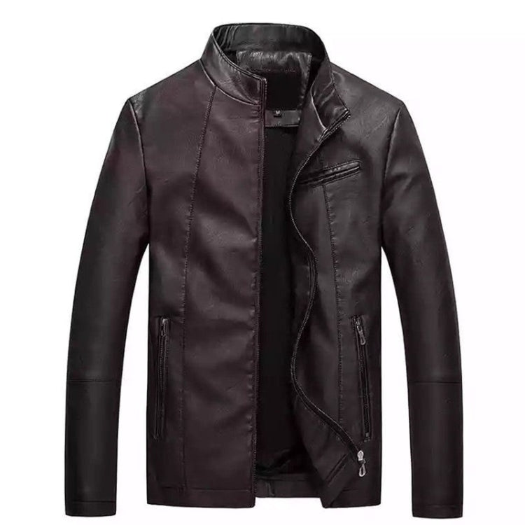 Men's washed PU leather jacket in maroon, stand collar, zip-front, diagonal chest zip