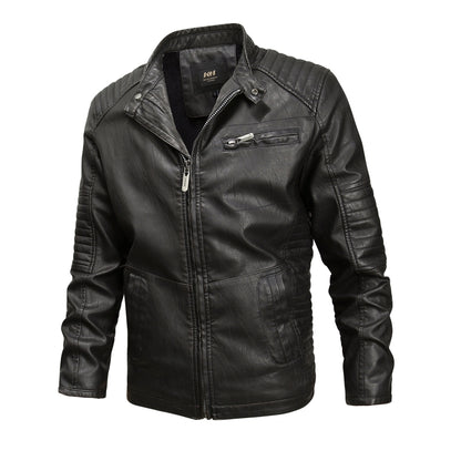 Men's black leather jacket with stand collar, zipper front, and chest pocket