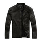 Men's black leather jacket side view with angled zipper pocket and shoulder stitching