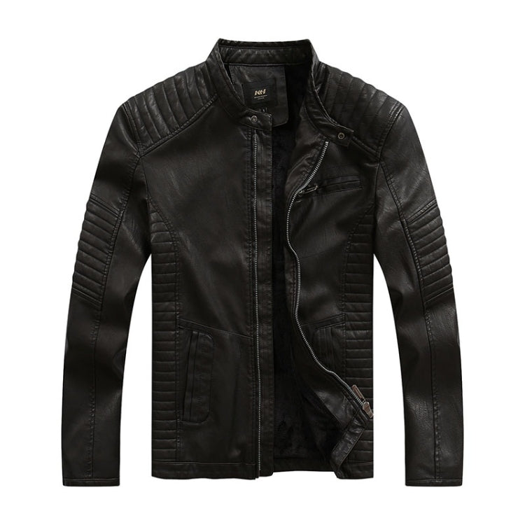 Men's black leather jacket side view with angled zipper pocket and shoulder stitching