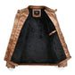 Men's tan leather jacket with black lining, snap collar, and interior pocket