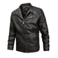 Men's black leather jacket front view with zip closure and chest pocket