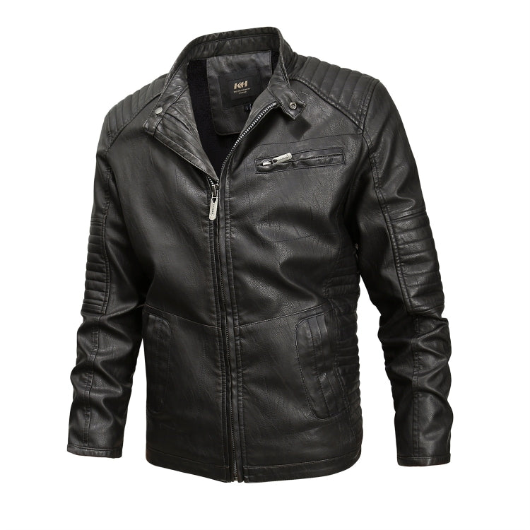 Men's black leather jacket with zip front, stand collar, and chest pocket.