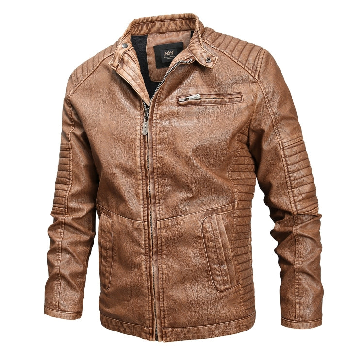 Men's brown leather jacket with stand collar, zip front, and angled chest pocket.