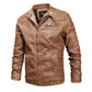 Men's brown leather jacket with stand collar, zip front, and long sleeves with cuffs.