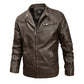 Men's dark brown leather jacket with stand collar, front zipper, and horizontal chest pocket