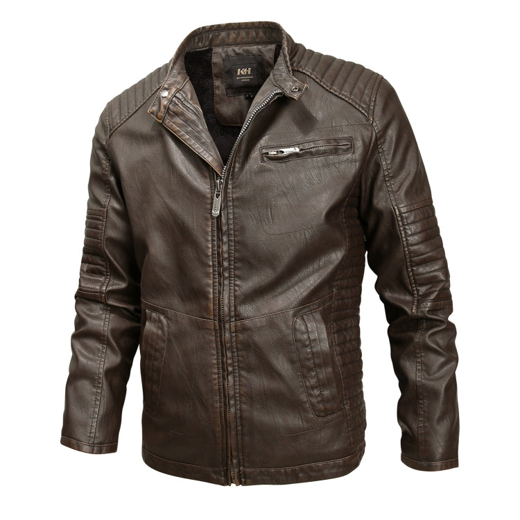 Men's dark brown leather jacket with zip front, stand collar, and side seam detailing
