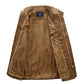 Men's khaki leather jacket with tan sherpa lining and visible zipper