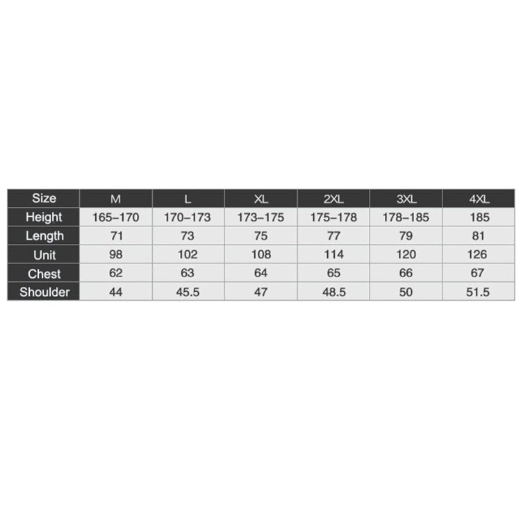 Size chart for men's leather jacket with height, length, chest, and shoulder