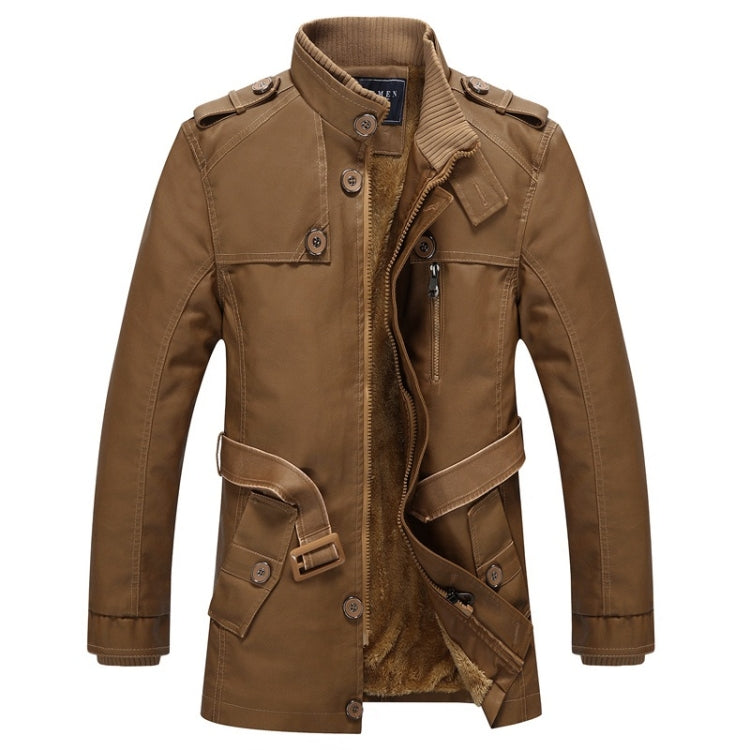 Khaki men’s leather jacket coat with front zipper, flap chest and waist pockets