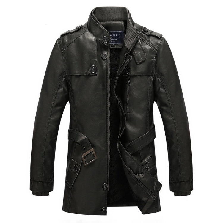 Black leather men’s jacket coat with front zipper, flap pockets, and shoulder epaulets