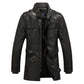 Black leather jacket coat with zip front, patch pockets, and side strap details