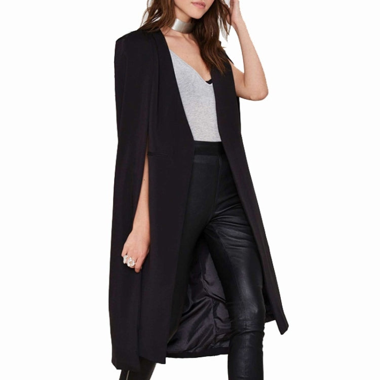Women unbuttoned cape shawl coat, black, long drape front, open silhouette