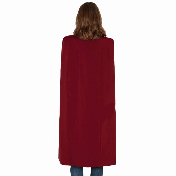 Women unbuttoned cape shawl coat, red, back view with long cape hem