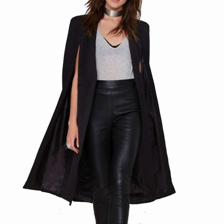 Women unbuttoned cape shawl coat, black, open front with extended cape length